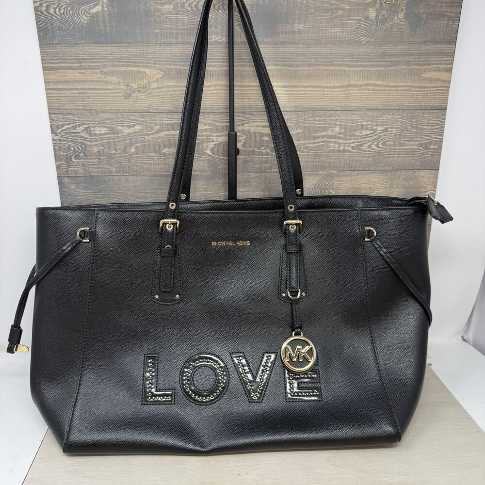 Michael Kors Limited Edition Voyager Pebbled Leather Love Tote Black Bag Purse